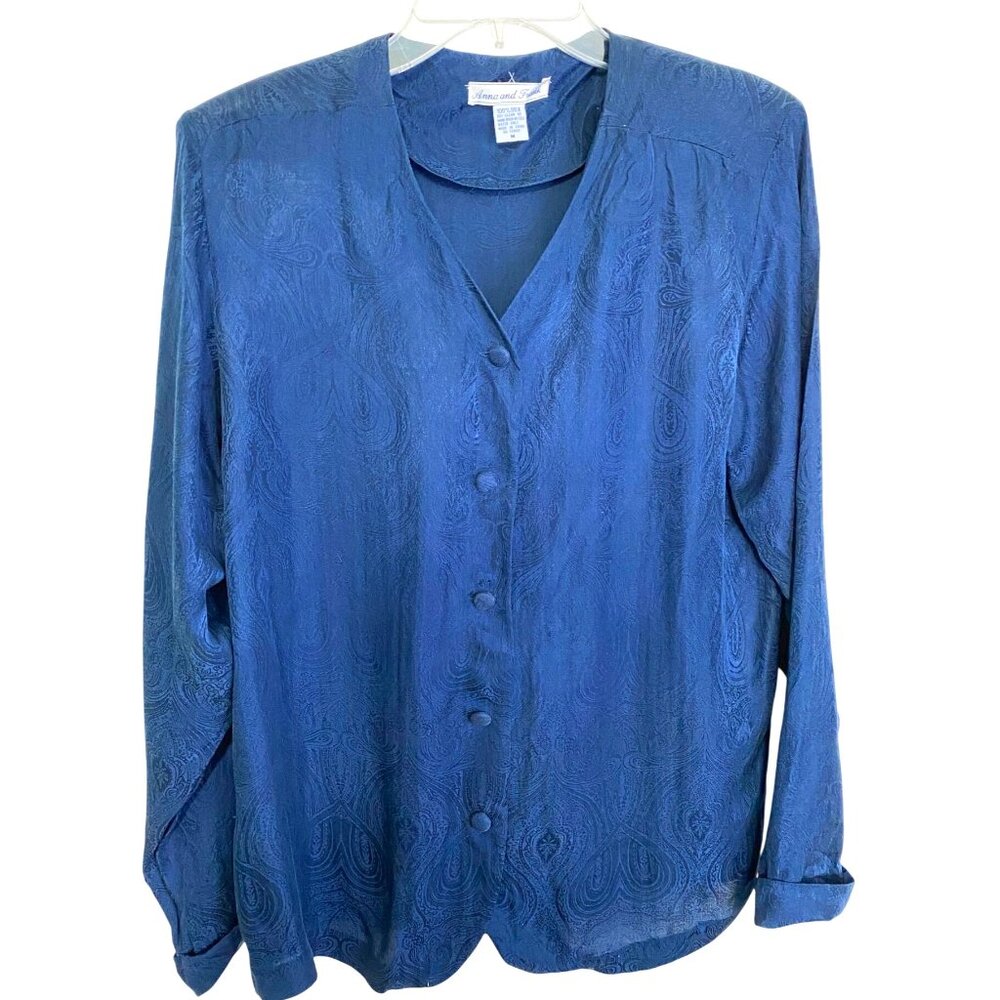 Anna & Frank Womens Vintage Paisley Textured Navy Blue Button-Up Silk Blouse M